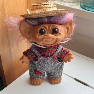 Troll Doll Uneeda Wishnik doll with Plaid Shirt and Straw Hat Vintage